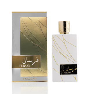 Fursan White 100ml EDP by Khadlaj – fresh perfume with bergamot, jasmine, coconut, almond, vanilla, cedarwood, and nutmeg in a sleek white bottle.