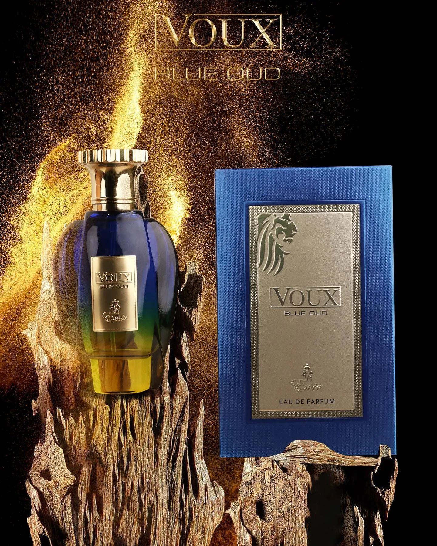 Voux Blue Oud by Emir – amber woody unisex perfume with oud, fruits, rose, and smoky notes