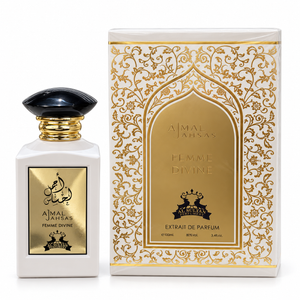 Ajmal Ahsaas Femme Divine 100ml bottle beside its ivory and gold floral gift box