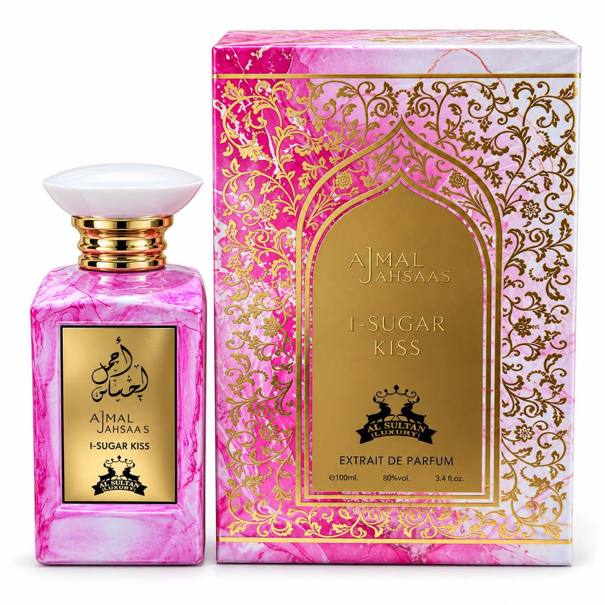Ajmal Ahsaas I-Sugar Kiss 100ml bottle beside its pink marble and gold floral gift box