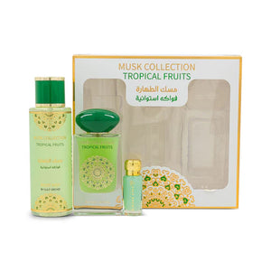 Musky floral perfume gift set – Musk Tahara Tropical Fruits by Gulf Orchid featuring Eau de Parfum, body mist, and perfume oil with pear, musk, and amber notes.