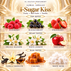 Ajmal Ahsaas I-Sugar Kiss fragrance notes: raspberry, blackcurrant, strawberry, orange blossom, white jasmine, red apple, vanilla absolute, caramel, white musk