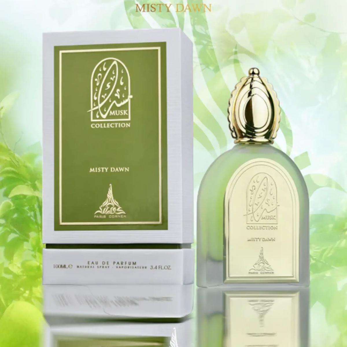 Misty Dawn by Paris Corner pear, freesia and rose musk perfume bottle