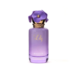 Long lasting perfume – Lily 100ml Eau de Parfum by Maison Asrar featuring floral fruity notes of lychee, rose, violet, musk, and vanilla.