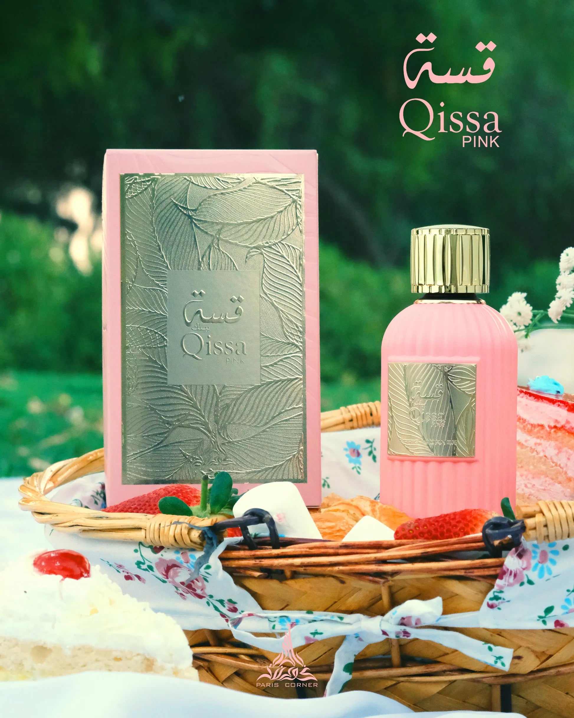 Qissa Pink perfume with notes of apple, coconut, jasmine, violet, vanilla, sandalwood, and sugar – sweet fruity floral fragrance