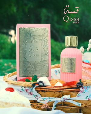 Qissa Pink perfume with notes of apple, coconut, jasmine, violet, vanilla, sandalwood, and sugar – sweet fruity floral fragrance