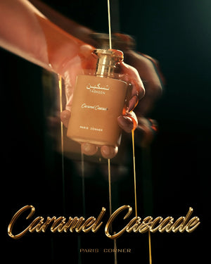 Taskeen Caramel Cascade perfume with notes of caramel, tonka bean, vanilla, white musk, and amber – sweet and sensual fragrance