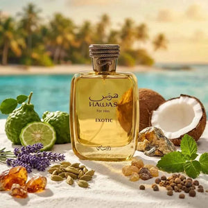 Hawas Exotic by Rasasi 100ml woody amber eau de parfum bottle