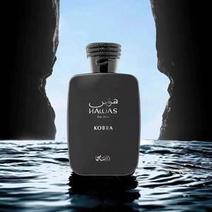 Hawas Kobra by Rasasi 100ml spiced citrus eau de parfum bottle
