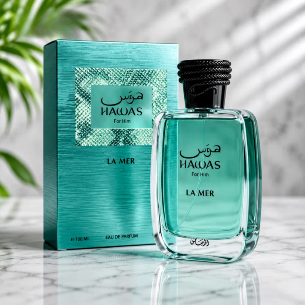 Hawas La Mer by Rasasi 100ml Eau de Parfum teal bottle detail