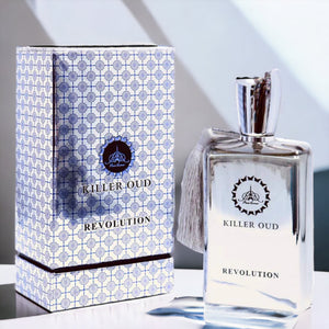 Revolution Killer Oud men’s perfume with rosemary, neroli, patchouli, and sandalwood – bold woody floral masculine scent