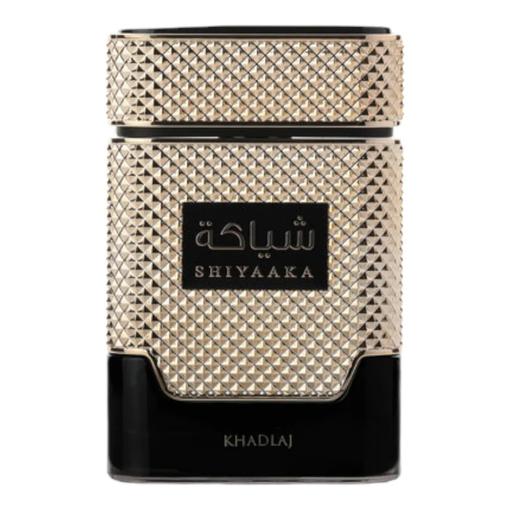 Shiyaaka Gold 100ml EDP by Khadlaj – luxurious perfume with bergamot, jasmine, pear, peach, amber, and sandalwood in an elegant gold bottle.