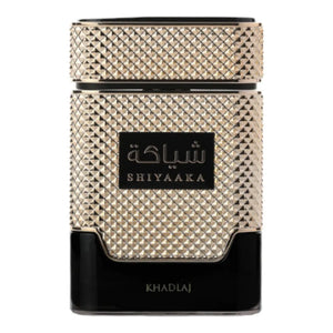 Shiyaaka Gold 100ml EDP by Khadlaj – luxurious perfume with bergamot, jasmine, pear, peach, amber, and sandalwood in an elegant gold bottle.