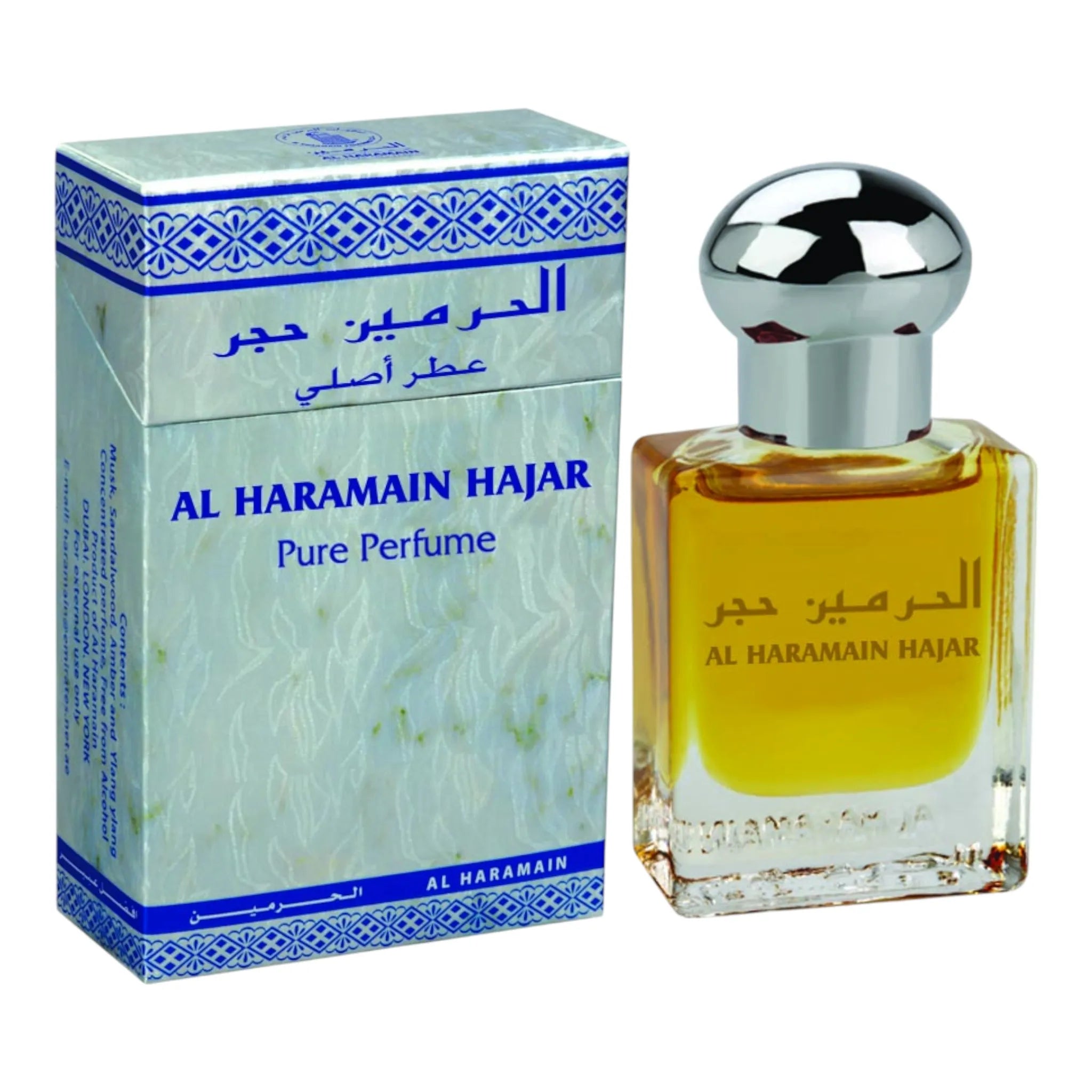 Haramain Hajar 15ml – bold oriental attar with amber, sandalwood, musk, and ylang-ylang

