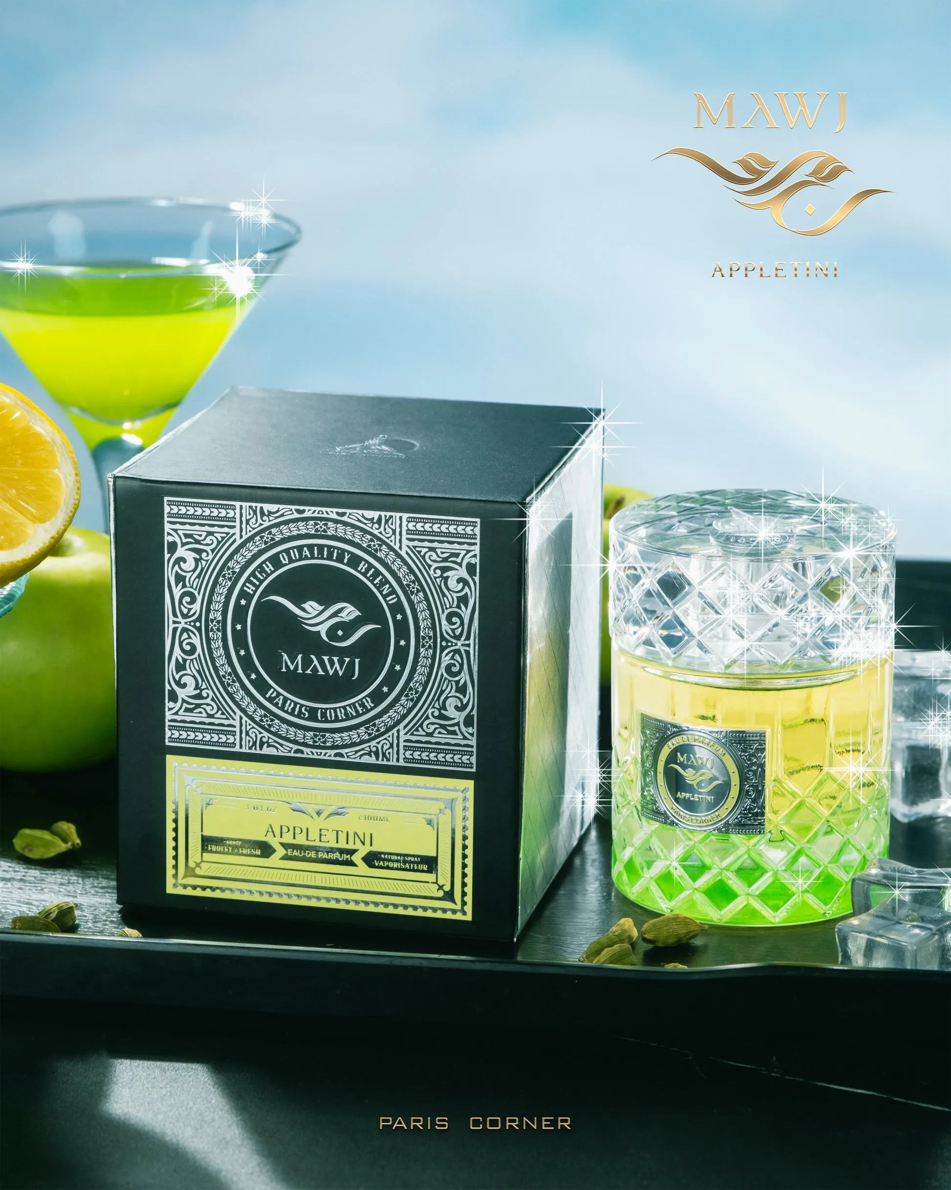 MAWJ Appletini perfume with apple, rum, vanilla, bergamot, and cedar – fruity cocktail-inspired fragrance

