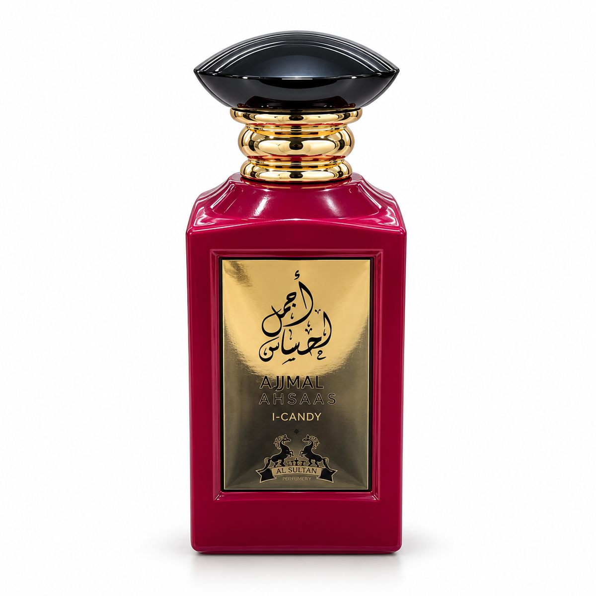 Ajmal Ahsaas I-Candy Extrait de Parfum 100ml, glossy crimson bottle with black cap and gold calligraphy label