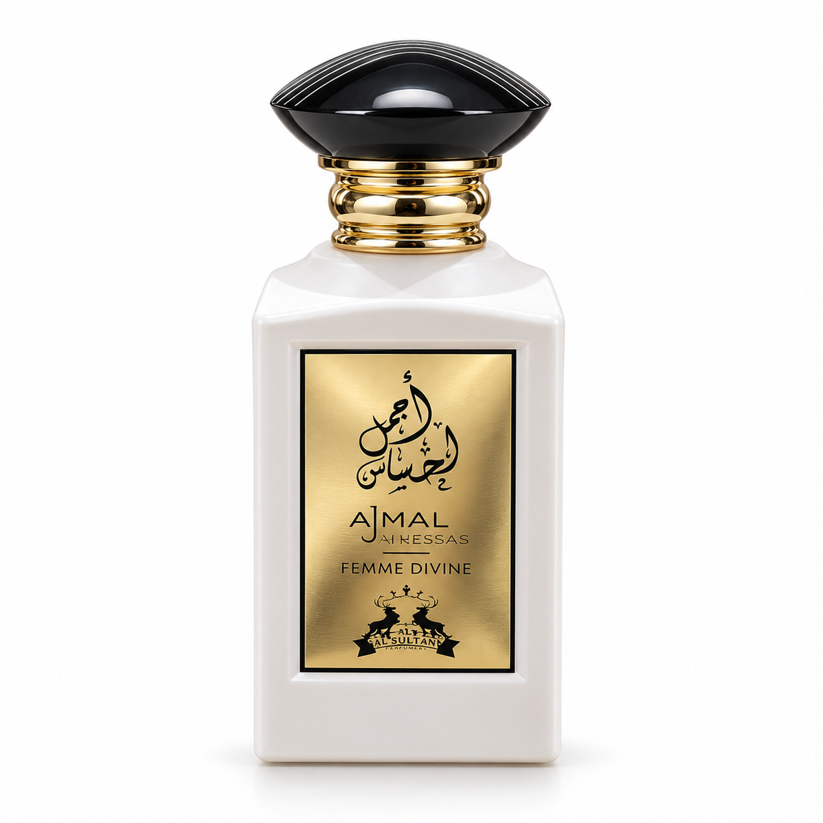 Ajmal Ahsaas Femme Divine Extrait de Parfum 100ml, glossy white bottle with black cap and gold calligraphy label