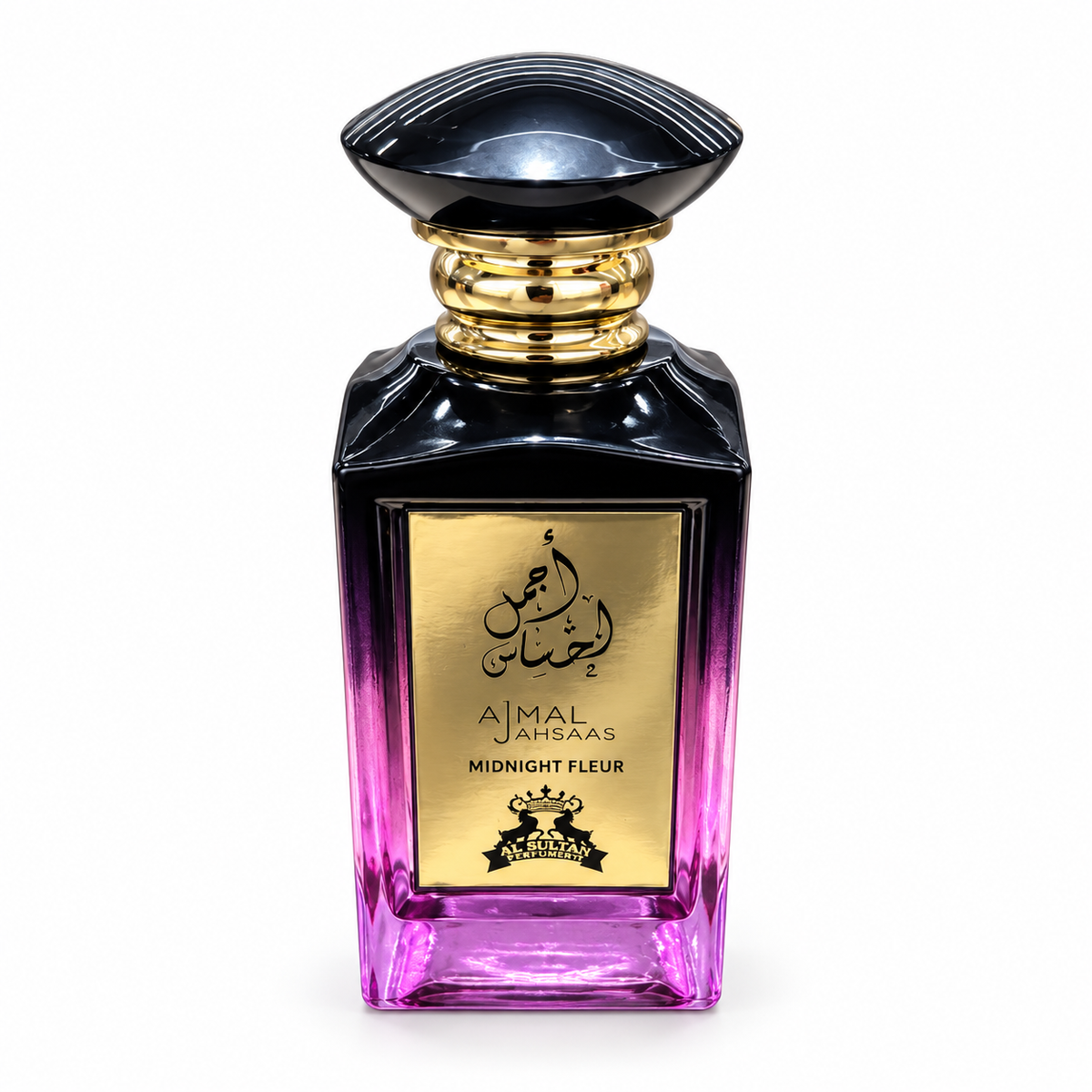 Ajmal Ahsaas Midnight Fleur Extrait de Parfum 100ml, violet-to-black bottle with black cap and gold calligraphy label