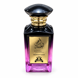 Ajmal Ahsaas Midnight Fleur Extrait de Parfum 100ml, violet-to-black bottle with black cap and gold calligraphy label