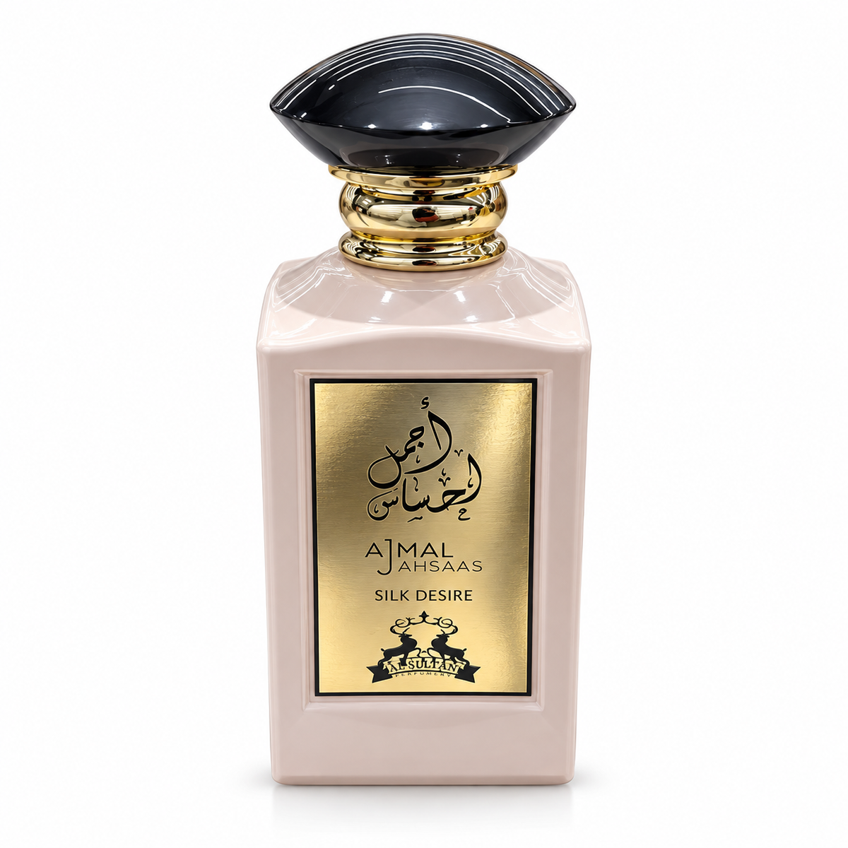 Ajmal Ahsaas Silk Desire Extrait de Parfum 100ml, blush pink bottle with black cap and gold calligraphy label