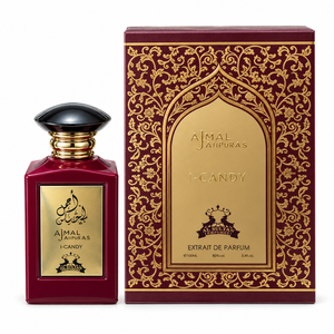 Ajmal Ahsaas I-Candy 100ml bottle beside its burgundy and gold floral gift box