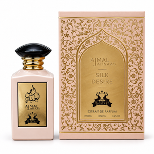 Ajmal Ahsaas Silk Desire 100ml bottle beside its blush and embossed gold gift box