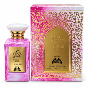Ajmal Ahsaas I-Sugar Kiss 100ml bottle beside its pink marble and gold floral gift box