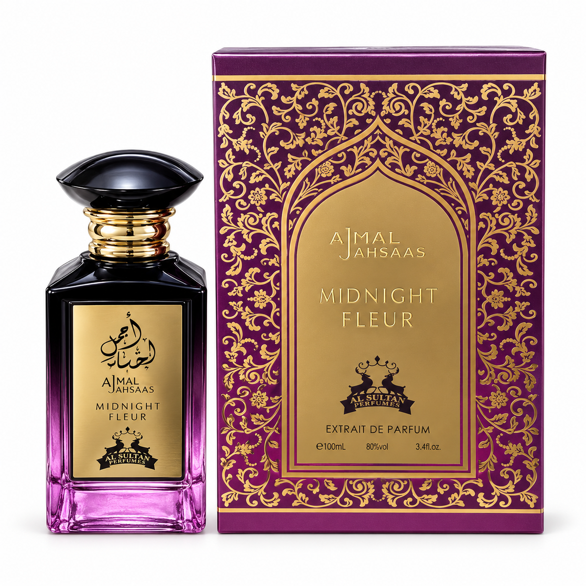 Ajmal Ahsaas Midnight Fleur 100ml bottle beside its plum and gold floral gift box