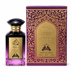 Ajmal Ahsaas Midnight Fleur 100ml bottle beside its plum and gold floral gift box