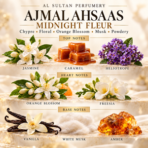 Ajmal Ahsaas Midnight Fleur fragrance notes: jasmine, caramel, heliotrope, orange blossom, freesia, vanilla, white musk, amber