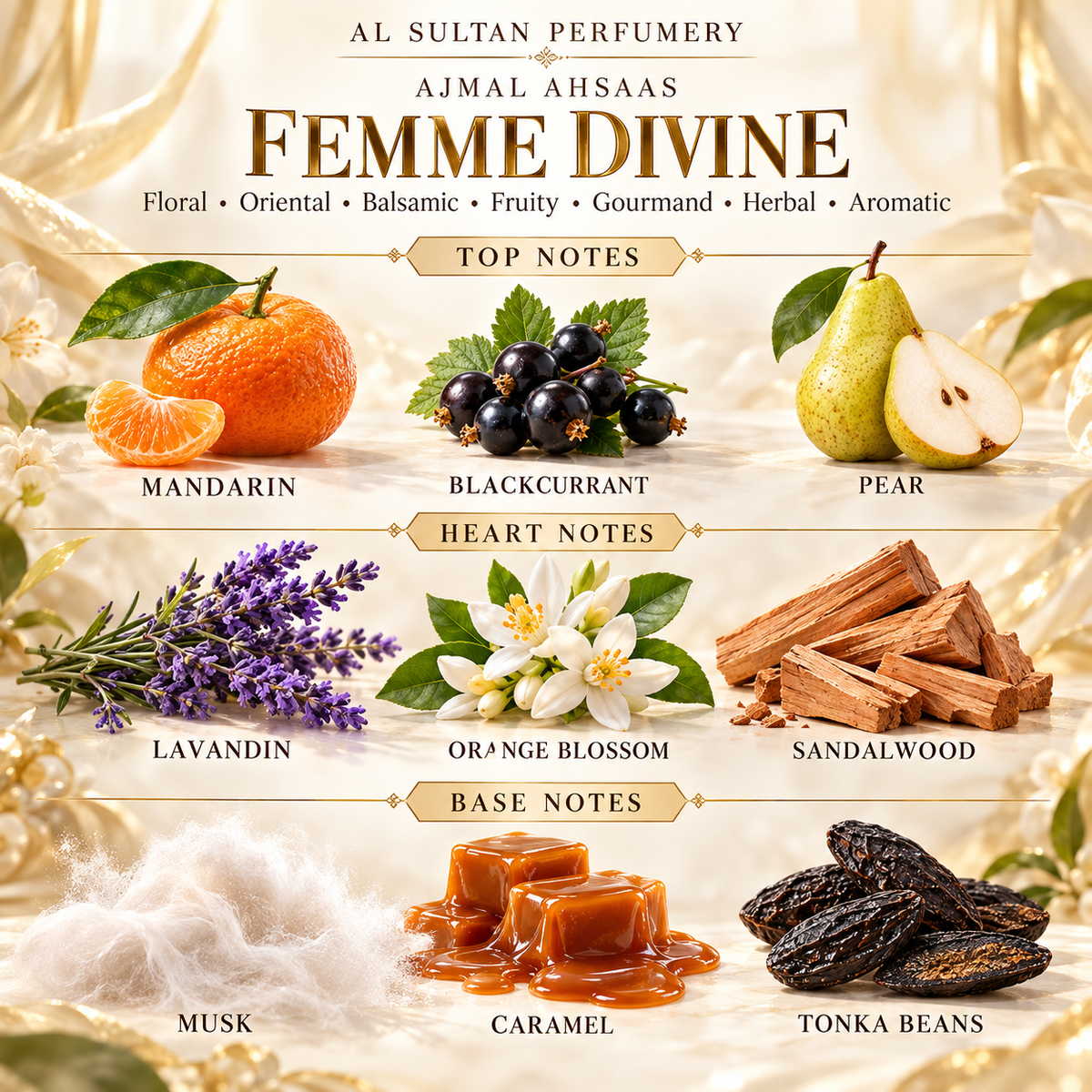 Ajmal Ahsaas Femme Divine fragrance notes: mandarin, blackcurrant, pear, lavandin, orange blossom, sandalwood, musk, caramel, tonka beans