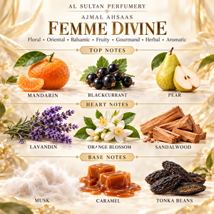 Ajmal Ahsaas Femme Divine fragrance notes: mandarin, blackcurrant, pear, lavandin, orange blossom, sandalwood, musk, caramel, tonka beans
