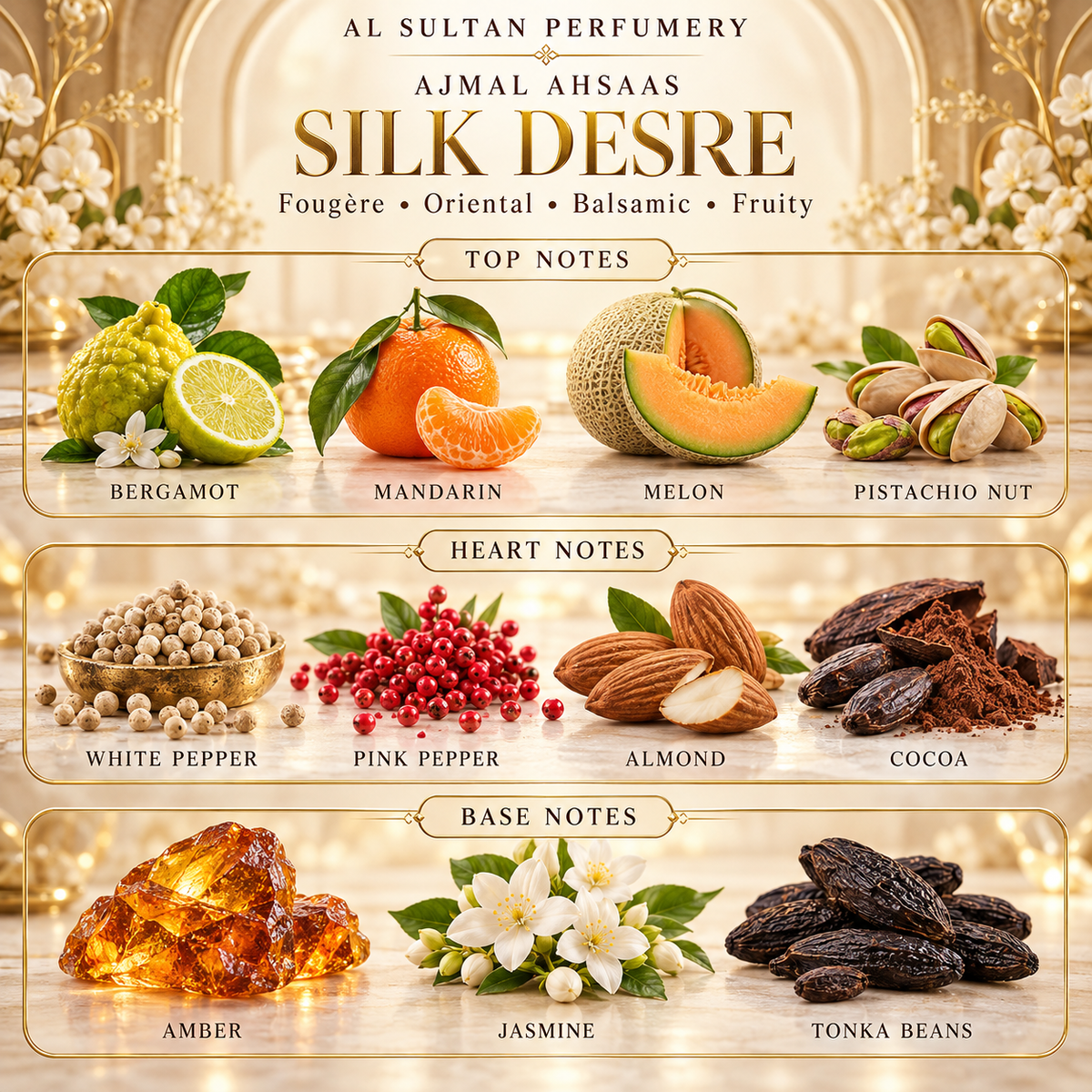 Ajmal Ahsaas Silk Desire fragrance notes: bergamot, mandarin, melon, pistachio, white pepper, pink pepper, almond, cocoa, amber, jasmine, tonka beans
