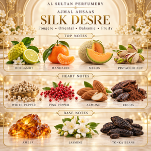 Ajmal Ahsaas Silk Desire fragrance notes: bergamot, mandarin, melon, pistachio, white pepper, pink pepper, almond, cocoa, amber, jasmine, tonka beans