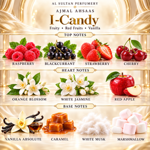 Ajmal Ahsaas I-Candy fragrance notes: raspberry, blackcurrant, strawberry, cherry, orange blossom, jasmine, red apple, vanilla, caramel, white musk, marshmallow
