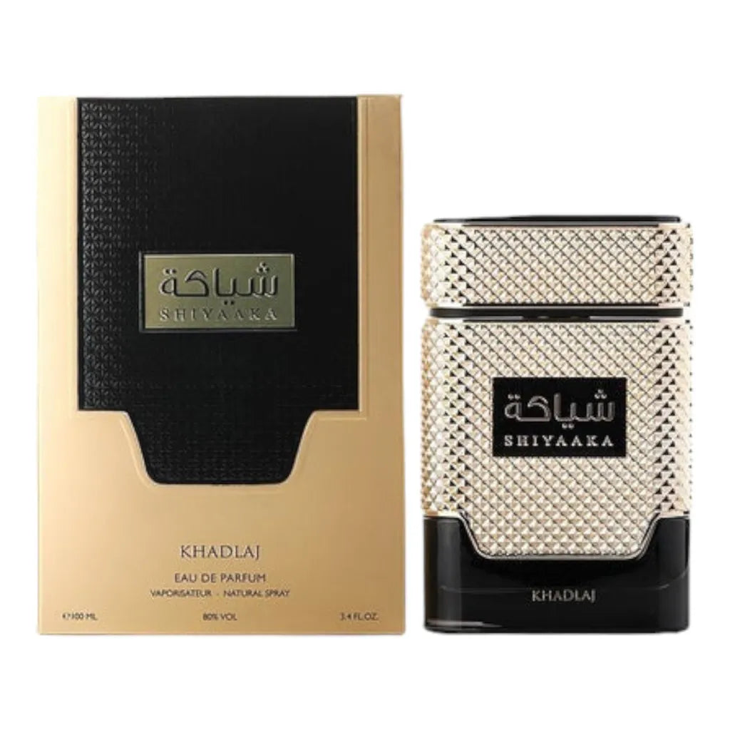 Shiyaaka Gold 100ml EDP by Khadlaj – luxurious perfume with bergamot, jasmine, pear, peach, amber, and sandalwood in an elegant gold bottle.