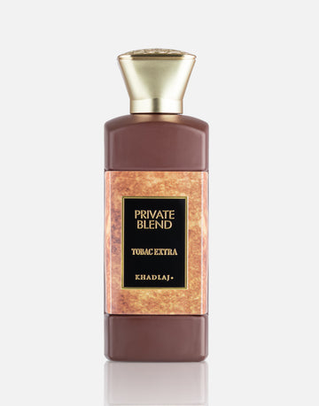 Private Blend TOBAC Extra 100ml by Khadlaj – extrait perfume with saffron, tobacco, incense, patchouli, oud, vanilla, and warm spices in a luxury bottle.

