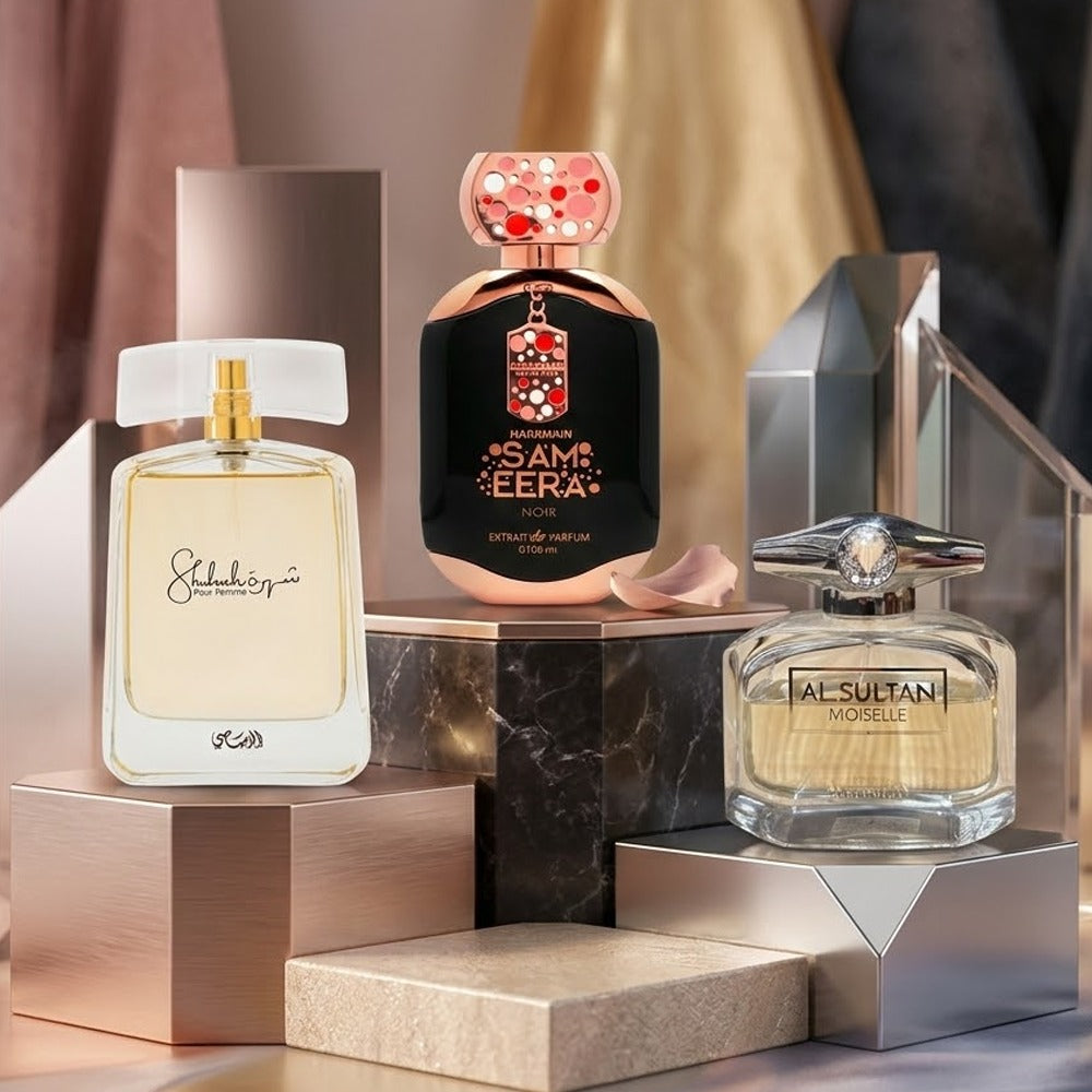 DEAL 6 -HARAMAIN SAMEERA NOIR | Extrait De Parfum - Shuhrah Pour Femme Rasasi EDP 100ml | Fresh Floral Perfume - ALSULTAN Moiselle Eau de Parfum – Feminine Floral Scent 100ML