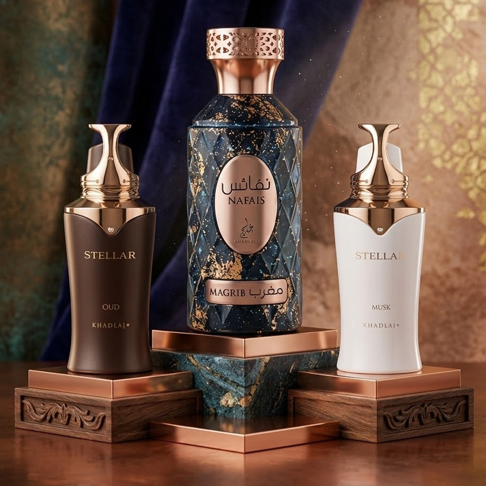 DEAL 7 -STELLAR OUD 100 ML EDP SPRAY FOR MEN & WOMEN - STELLAR MUSK 100 ML EDP SPRAY FOR WOMEN | Fresh Citrus & Musky Perfume - KHADLAJ NAFAIS MAGRIB 100 ML EAU DE PARFUM FOR MEN & WOMEN