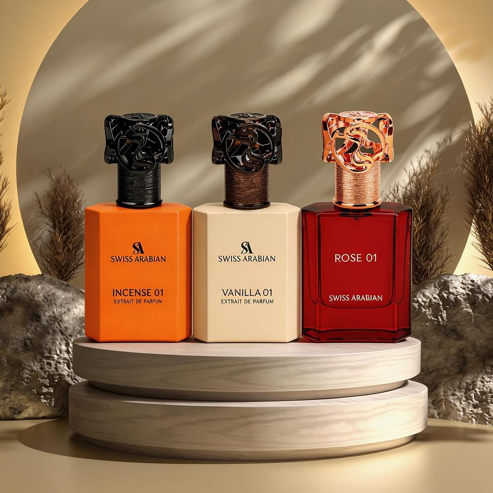 DEAL 9 - Swiss Arabian Incense 01 Extrait | Luxury Fresh Incense Fragrance - Vanilla 01 Eau de Parfum | Floral Gourmand Musk - Swiss Arabian Rose 01 Eau de Parfum | Floral Fruity Rose
