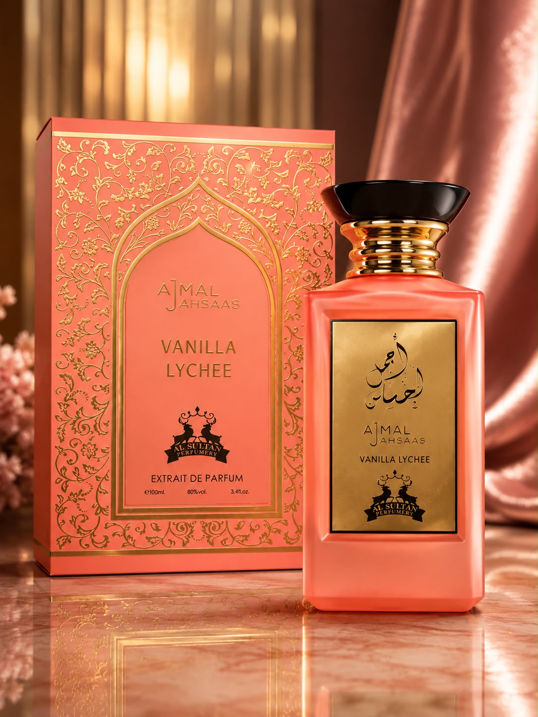 Ajmal Ahsaas Vanilla Lychee Extrait de Parfum 100ml by Al Sultan Perfumery - pink and gold bottle with luxury gift box
