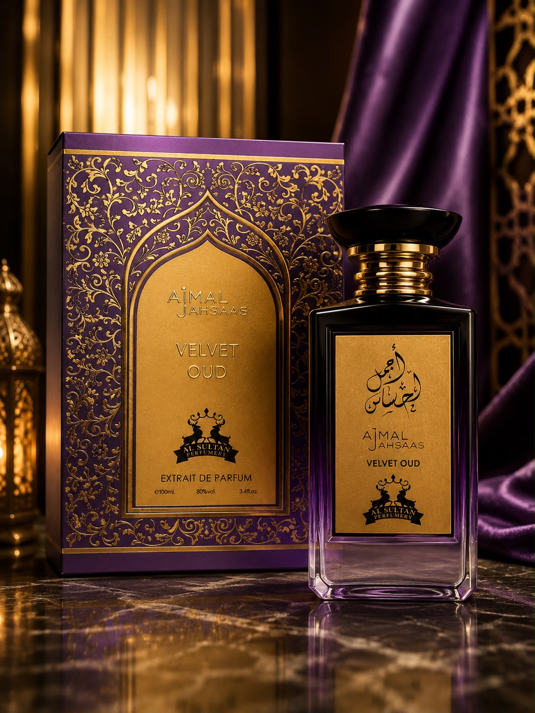 Ajmal Ahsaas Velvet Oud Extrait de Parfum 100ml by Al Sultan Perfumery - purple and gold bottle with luxury gift box