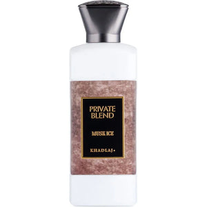 Private Blend Musk Ice by Khadlaj – bold extrait perfume with saffron, tobacco, incense, patchouli, oud, vanilla, and spices in a sleek, luxurious bottle.

