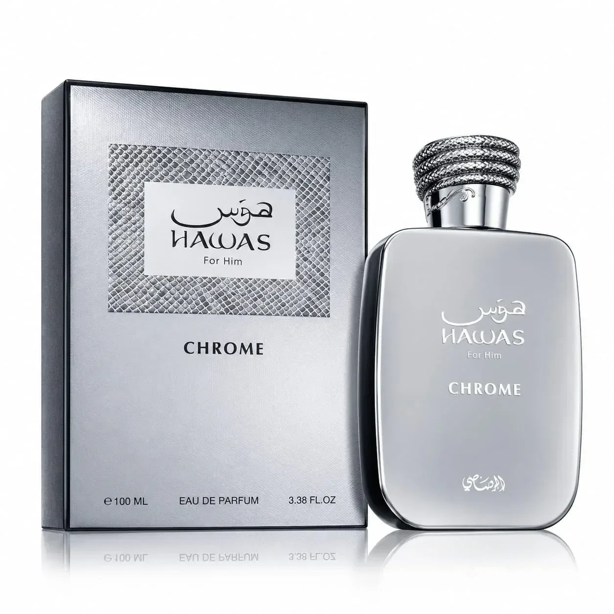 Hawas Chrome by Rasasi 100ml Eau de Parfum bottle with silver presentation box