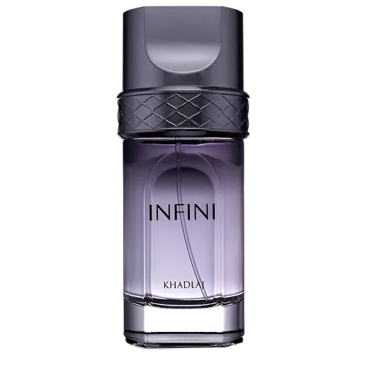 Infini 100ml EDP by Khadlaj – fresh perfume with bergamot, apple, pineapple, patchouli, cardamom, birch, and vetiver in a sleek modern bottle.

