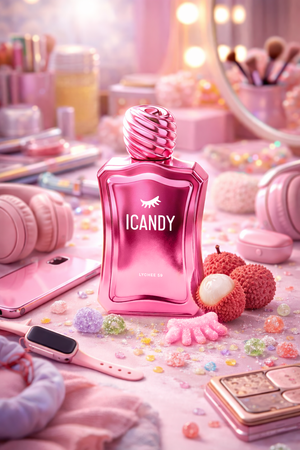 Lychee 59 perfume flat lay