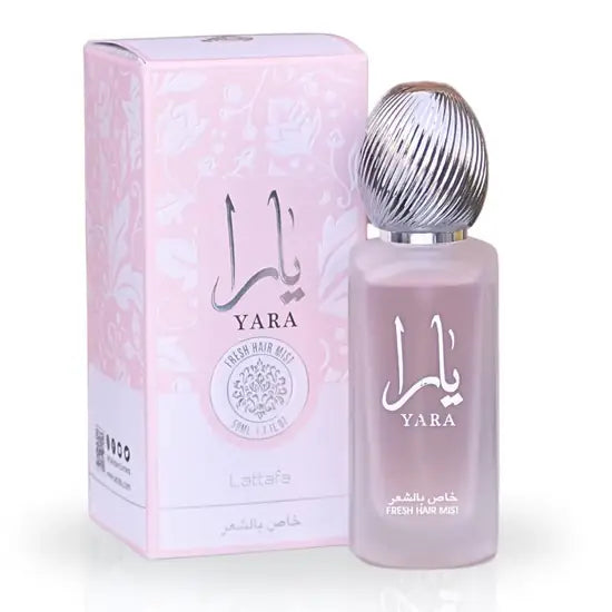Lattafa Yara Fresh Hair Mist 50ml – pink frosted bottle with silver ribbed cap beside its pink floral box, hair perfume
