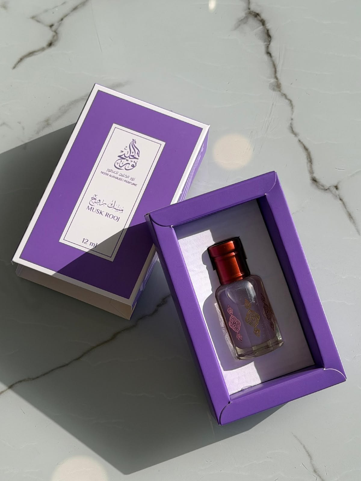 Noor Alkhaleej Musk Rooj 12ml concentrated perfume oil with violet gift box