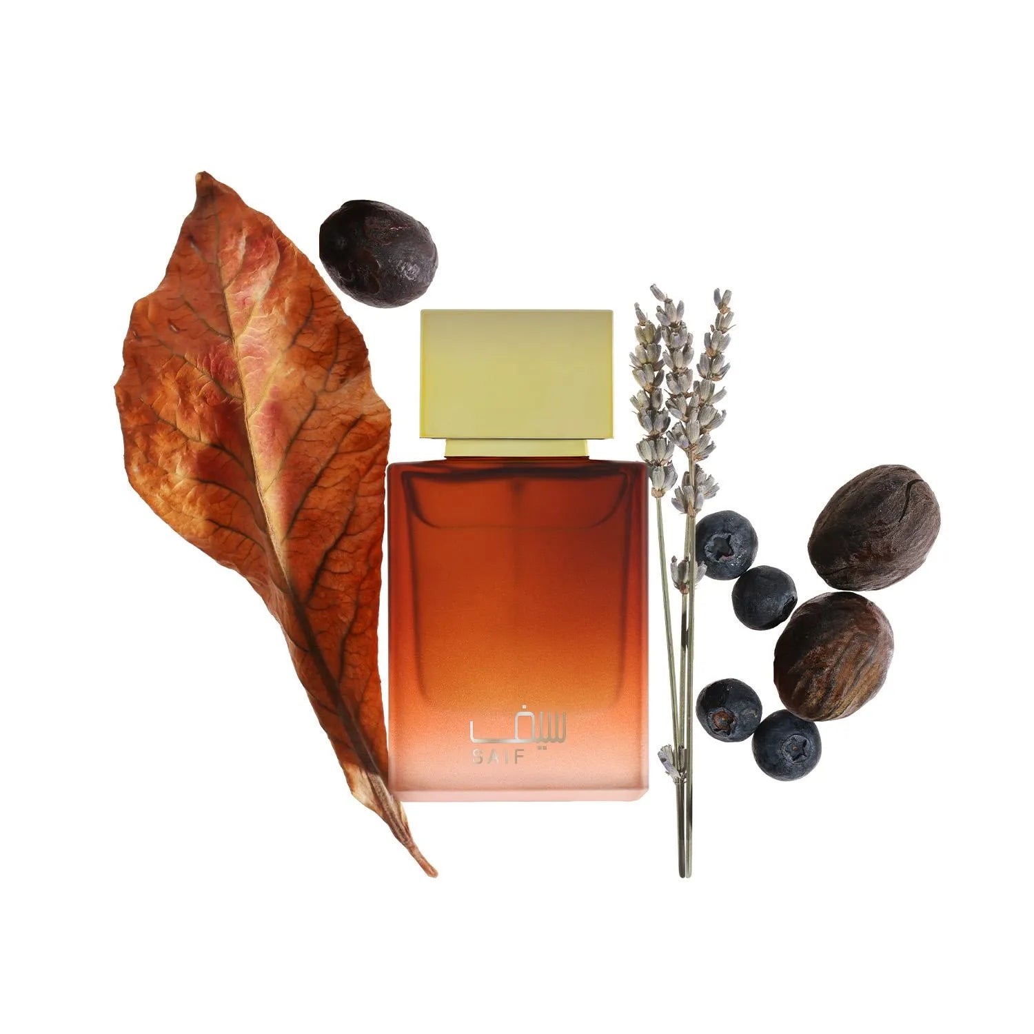 Saif 50ML perfume with cypress, bergamot, cedarwood, and musk in an amber bottle with gold details

